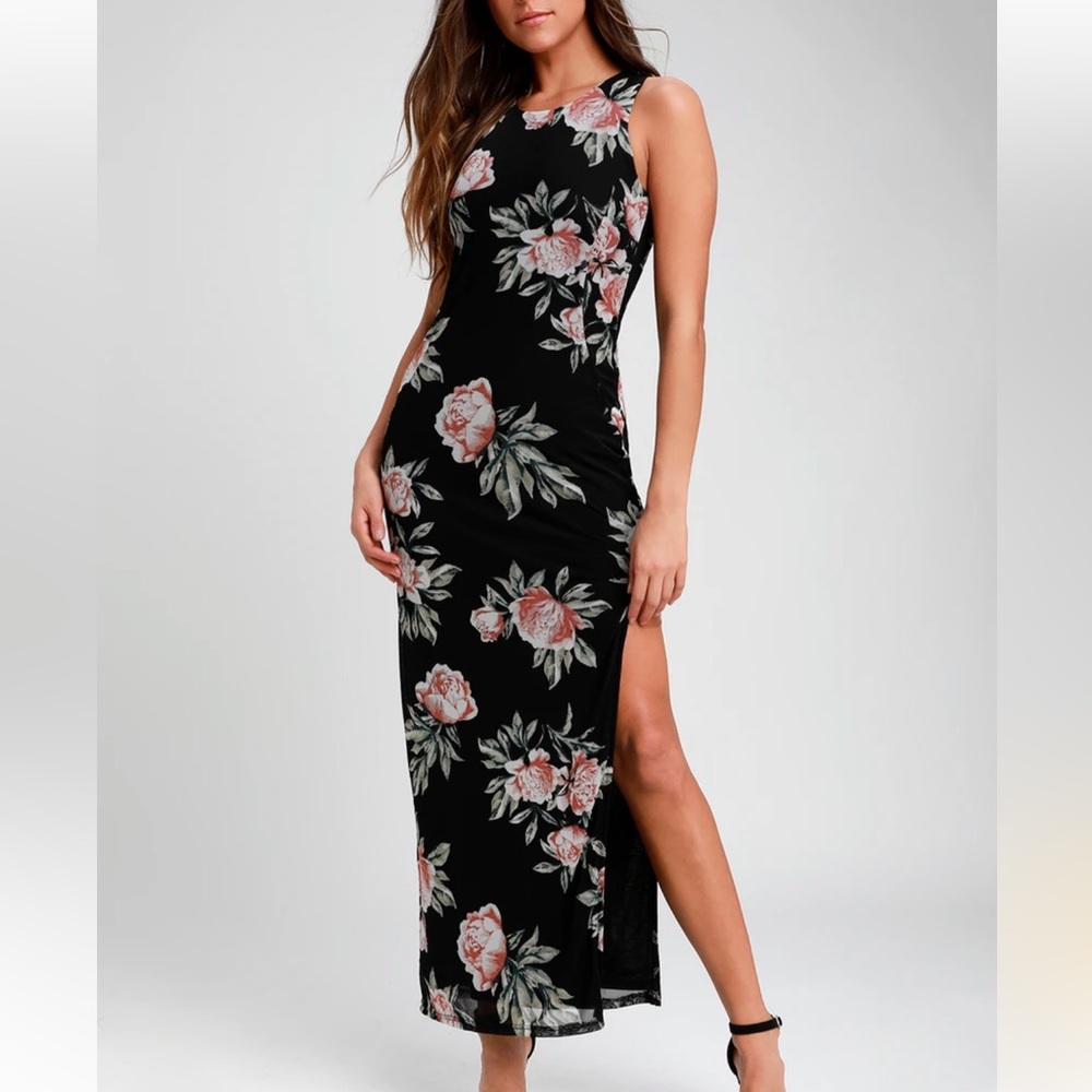 Lulus Black Floral Print Bodycon Maxi Dress